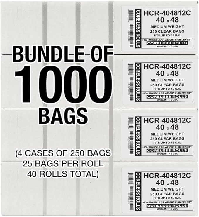 Aluf Plastics High Density Trash Bags, 45 Gallon, 1000 Count, 12 Micron (eq), 40" x 48", Clear, for Bathroom, Office, Industrial, Commercial, Janitorial, Municipal, Recycling