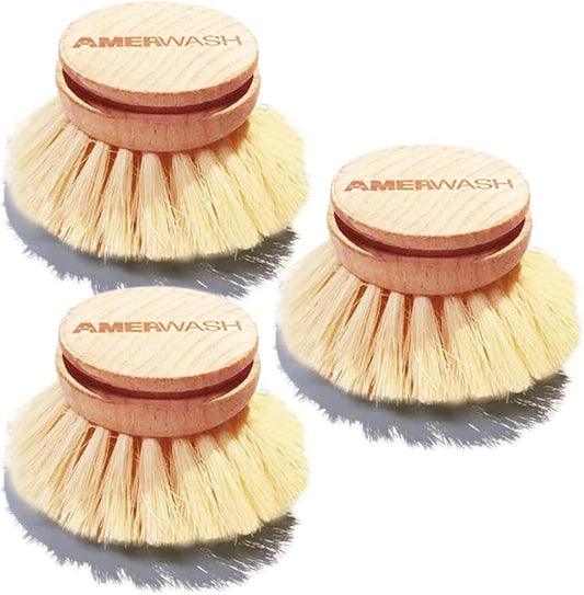 Classic Dish Brush Replacement Head 3 Packs, Natural Bristle Tampico Fiber for All Purpose Cleaning, Kitchen Scrubber