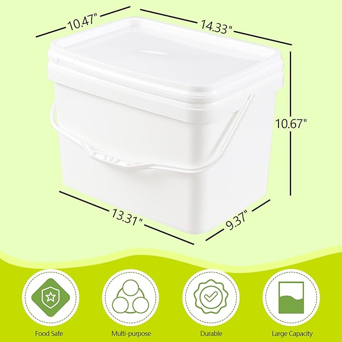 Ramddy 5 Gallon Rectangular Plastic Food Bucket with Sealed Lid, Food Grade, 4 Pack Pail Container with Handle, White