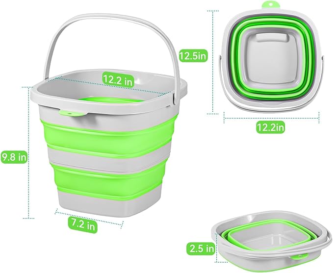 2 Pack 2.6 Gallon(10L) Collapsible Plastic Buckets with Handle Compact Cleaning Square Storage Bucket Portable Water Tub Outdoor Water Pail for Garden Hiking Fishing Camping (Green)