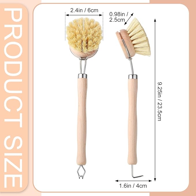 Maxdot 4 Pcs Kitchen Dish Brush with Beechwood Handle Natural Wooden Handle Scrub Brush Fiber Bristles Dish Scrub 2 Inch Replacement Brush Head for Pots Pans Utensils Washing Supplies