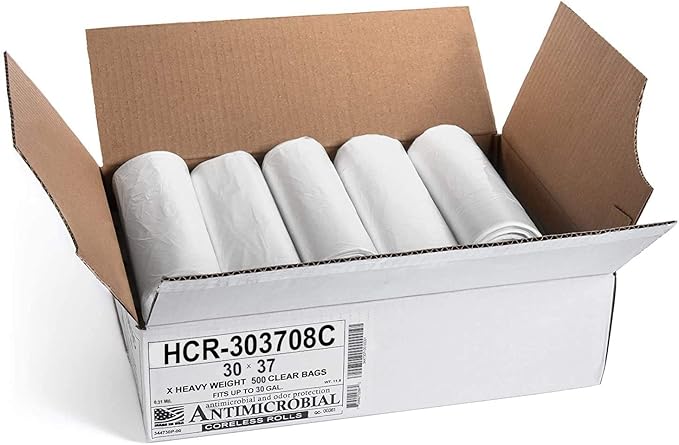Aluf Plastics High Density Trash Bags, 30 Gallon, 500 Count, 8 Micron (eq), 30" x 37", Clear, for Bathroom, Office, Industrial, Commercial, Janitorial, Municipal, Recycling
