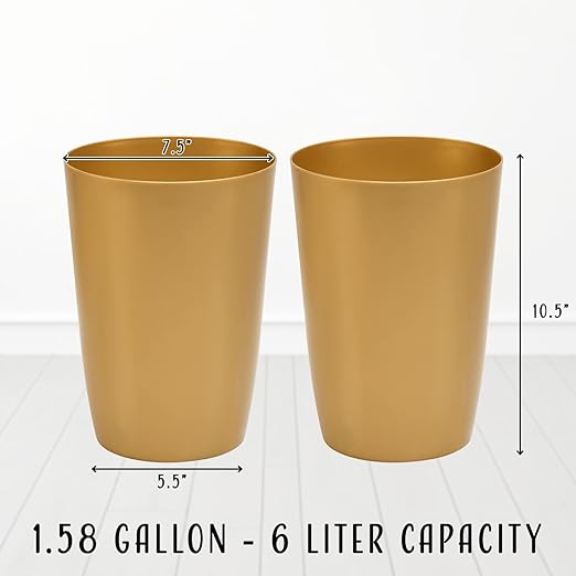 Mini Waste Basket - Pack of 2 Durable Small Plastic Garbage Trash Can Bin - Lidless Open-Top Rectangular Slim Profile for Compact Spaces - Suitable for Home, Bathroom, Office & More, Soft Brass