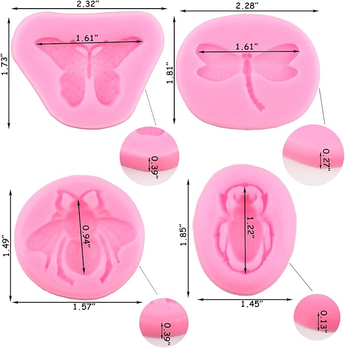 ZiXiang Insect Silicone Mold Bumble Bee Fondant Molds Butterfly Dragonfly Beetle Candy Molds for Chocolate Sugar Craft Cake Decorating Tools Set Of 4