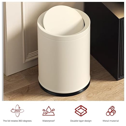 2.6GAL Off White Metal Bathroom Trash Can with Lid,Double Bucket,Swing Lid,Round Waste Basket for Bathroom,Bedroom,Office,Hotel,Bank