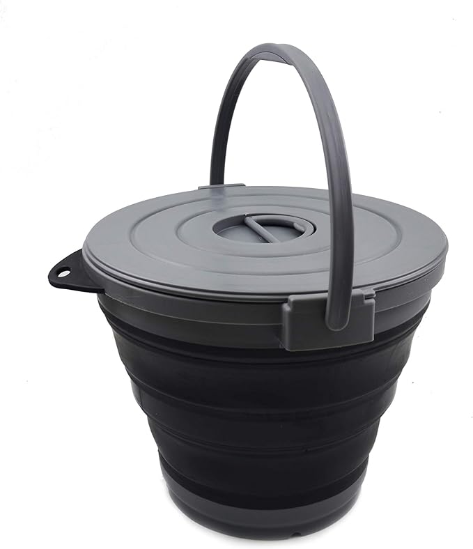 SAMMART 10L(2.64Gallon) Collapsible Fishing Bucket with Locking Lid - Foldable Round Tub - Portable Plastic Water Pail - Space Saving Outdoor Waterpot (Grey/Black)