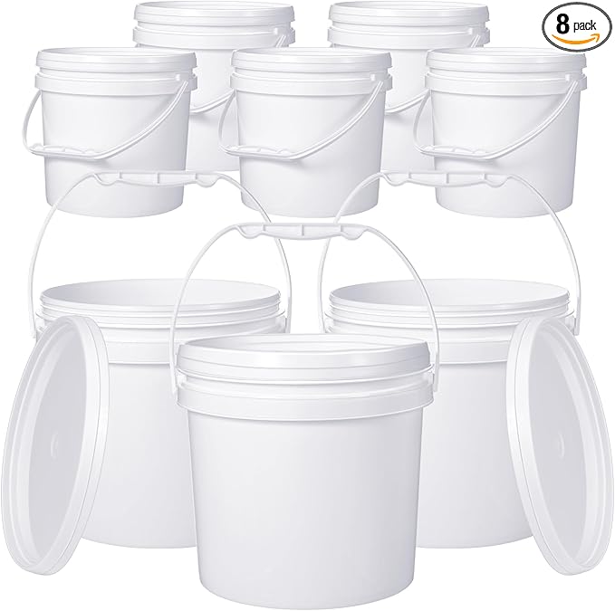 Leinuosen 8 Pcs Plastic Bucket with Handle and Lid Durable Heavy Duty Food Safe Bucket Pail Container for Multipurpose Storage Paint Art Crafts Projects, BPA Free(1.3 Gallon,White)