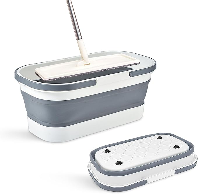 Collapsible Plastic Bucket with Wheels 12L (3.17 Gallon) for House Cleaning, Camping, and RV - Multi-Purpose Rectangular Handy Basket for Cleaning Mop - Lightweight and Portable (Grey)