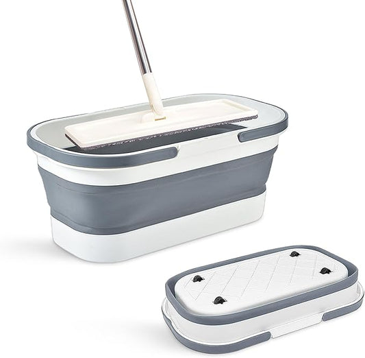 Collapsible Plastic Bucket with Wheels 12L (3.17 Gallon) for House Cleaning, Camping, and RV - Multi-Purpose Rectangular Handy Basket for Cleaning Mop - Lightweight and Portable (Grey)