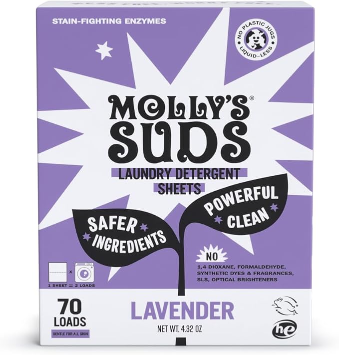 Molly’s Suds Laundry Detergent Sheets | Gentle on Sensitive Skin, Powerful Bio-Based Enzymes, Stain-Fighting | Liquidless & Plastic-Free Packaging | 70 Loads (Lavender)