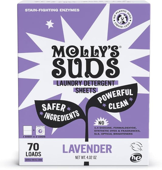 Molly’s Suds Laundry Detergent Sheets | Gentle on Sensitive Skin, Powerful Bio-Based Enzymes, Stain-Fighting | Liquidless & Plastic-Free Packaging | 70 Loads (Lavender)
