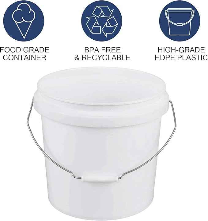 6 Pcs 4 Gallon White Bucket & Lid, Durable All Purpose Pail, Food Grade BPA Free Bucket Container with Handle