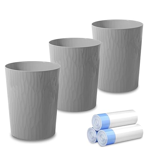 UUJOLY Small Trash Can Wastebasket Garbage Can Container Bins for Bathrooms,Bedroom Room, Kitchens, Offices, Kids Rooms, Dorms, 3 Pack, Grey