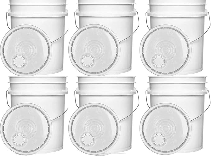 5 Gallon White Plastic Buckets and 5 Gallon Gamma Seal Lids | Combo Pack of Six (6) Buckets and Six (6) Gamma Seal Lids