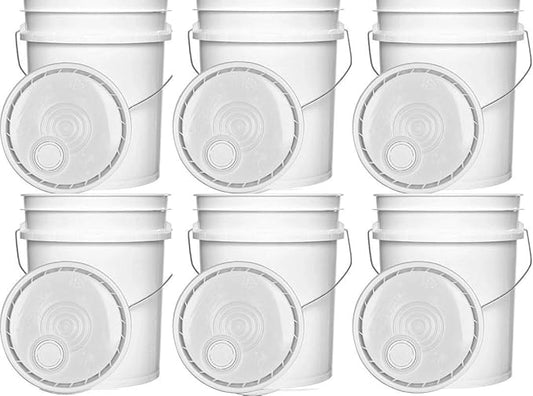 5 Gallon White Plastic Buckets and 5 Gallon Gamma Seal Lids | Combo Pack of Six (6) Buckets and Six (6) Gamma Seal Lids