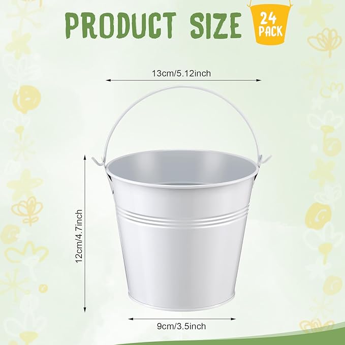 Rtteri 24 Pcs Metal Bucket 5 x 3.5 x 4.7 Inch Mini Party Buckets for Flower Pot Plant Basket Iron Small Metallic Pails with Handle for Container Candy Snack Crafts Vase Party Favors(White)