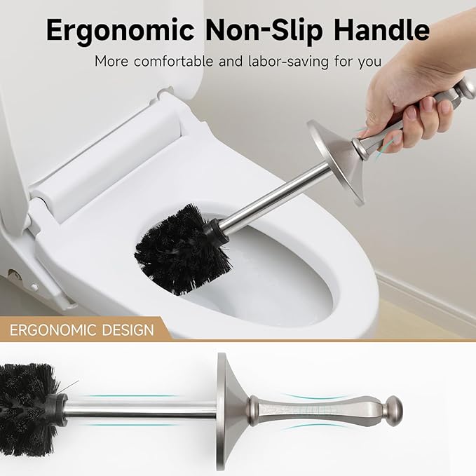Stain Nickel Toilet Brush and Holder，Extra Long Handled Toilet Brush for Bathroom，Stainless Steel Heavy Duty Toilet Bowl Brush,Deep Cleaning Modern Toilet Cleaner Brush -Space Saving, Covered Brush