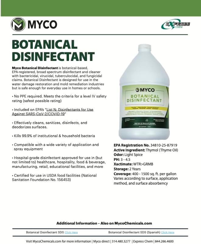 Myco Botanical Disinfectant Cleaner – Natural Plant-Based Ready-to-Use EPA-Registered Disinfectant Spray for Mold, Mildew, Germs, Bacteria & Viruses – Safe for Home & Commercial Use, 1 Gallon