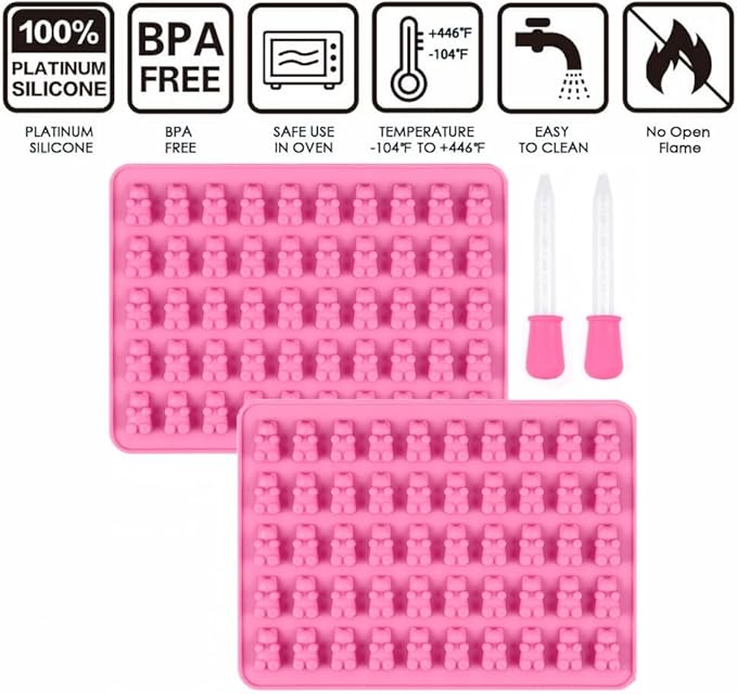 2 Piece Gummy Bear Silicone Molds, Non-Stick Chocolate Candy Mold with 2 Droppers Food Grade (Pink)