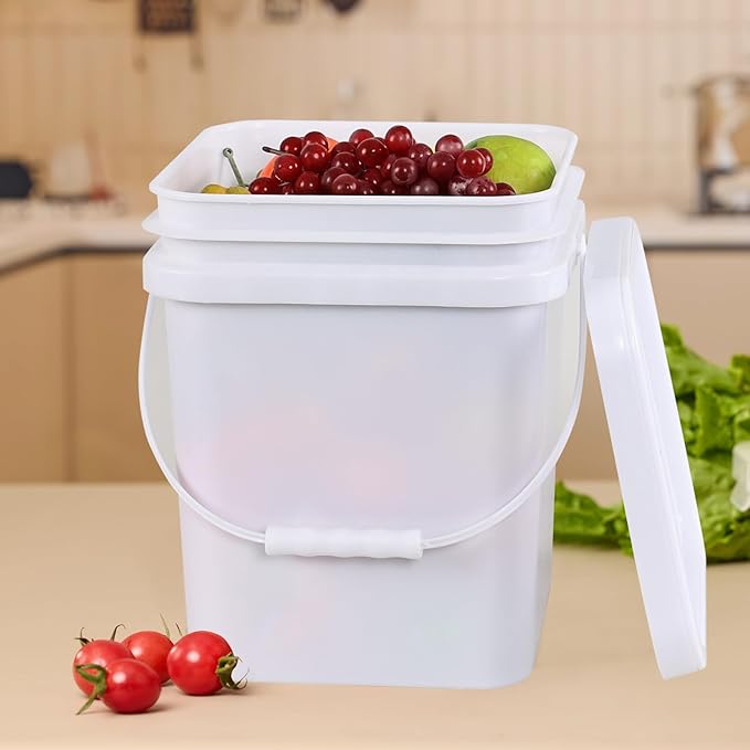 4.8 Gallon Plastic Square Bucket with Lid, 4 Pack White Food Bucket Pail with Handle