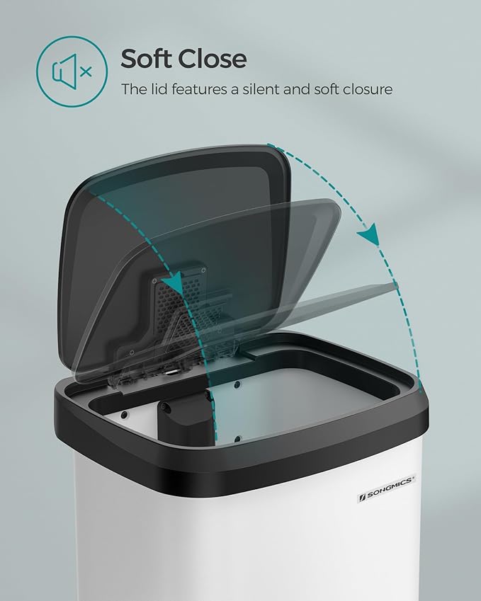 SONGMICS Kitchen Trash Can, 13 Gallon (50 L) Stainless Steel Garbage Can, with Stay-Open Lid and Step-on Pedal, Soft Closure, Tall, Large and Space-Saving, White and Black ULTB530W50