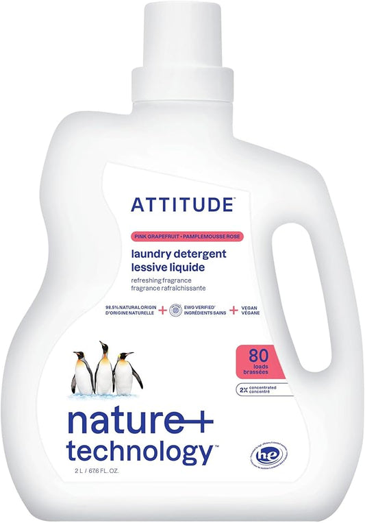 ATTITUDE Liquid Laundry Detergent, EWG Verified, HE Compatible, Plant-Based & Vegan, Natural Laundry Soap, Pink Grapefruit, 80 Loads, 67.6 Fl Oz