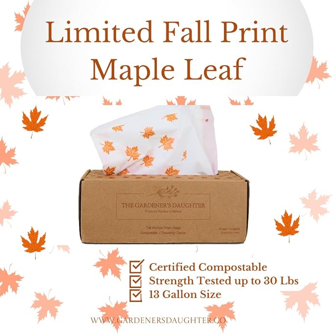 Limited Edition Fall Maple Leaf – Compostable Trash Bags by The Gardener's Daughter, 13 Gallon, 30 Count, White, Extra Strength, Drawstring Kitchen Waste Bag – BPI & TUV Certified