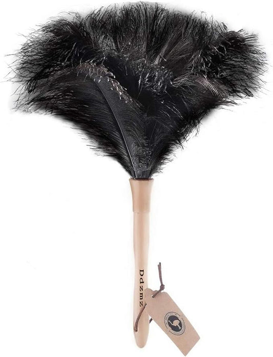 Feather Duster, Ostrich Feather Duster Ddzmz Fluffy Natural Genuine Ostrich Feathers and Reusable Wooden Long Handle Large Ostrich Feather Duster Cleaning for Housewife Black Length 16" 1Pack
