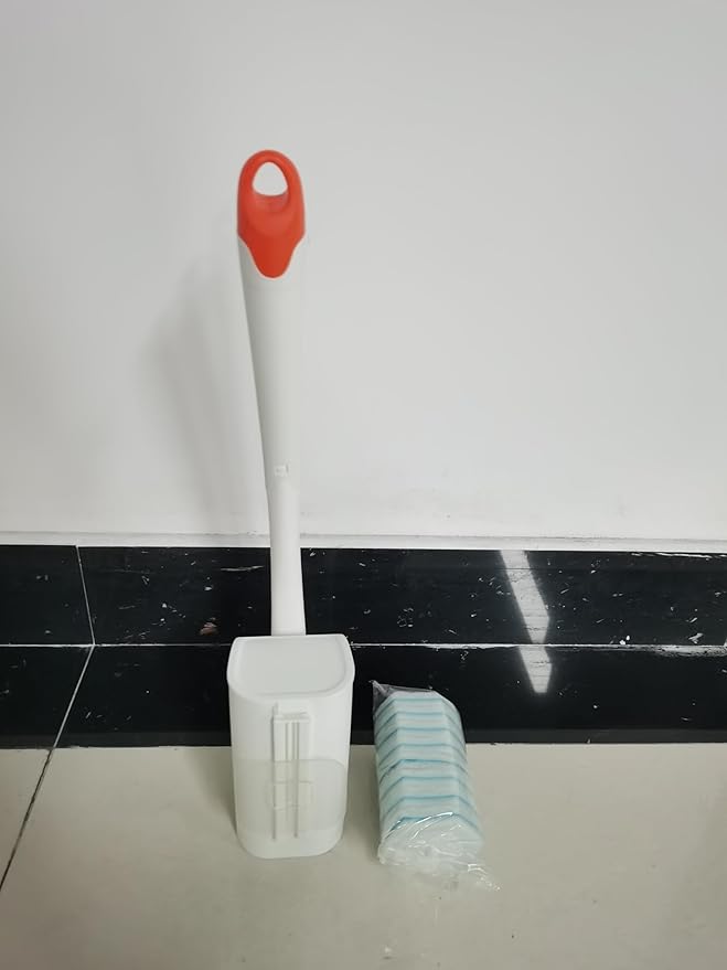 JEHONN Disposable Toilet Bowl Cleaner Wand with 40 Cleaner Refills, Wall Mounted Long Handle Compact Bathroom Scrub Brush Holder Set for Sink Bathtub Wash Basin Mop Pool (Orange)