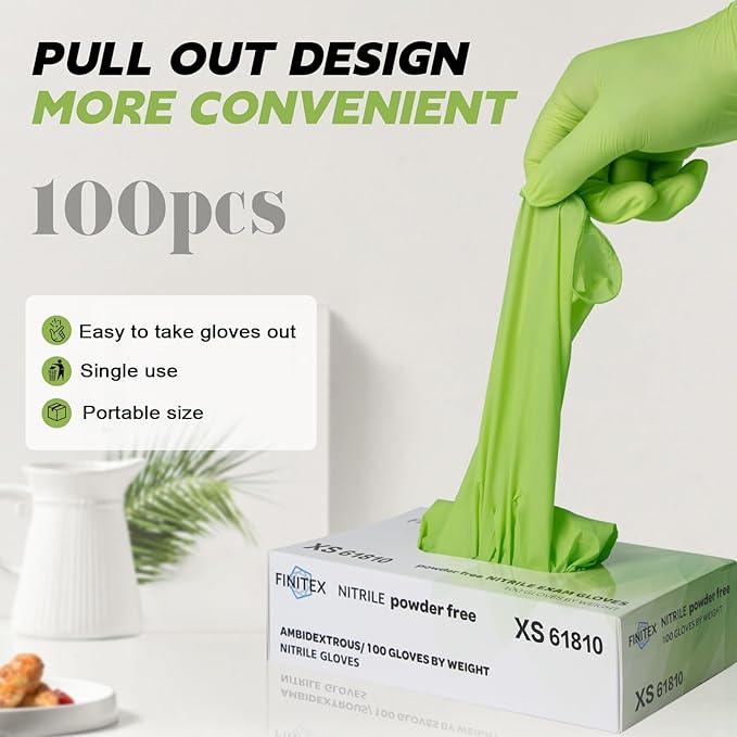 FINITEX Nitrile Disposable Latex-Free Gloves Green - 3.5mil 100PCS Powder-Free Gloves Cleaning Medical Exam Food Gloves