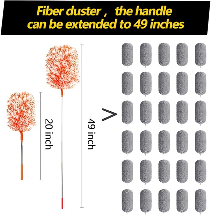 Extendable 20-49inches Microfiber Feather Duster with 3pcs Replaceable Bendable Heads, Extra Long Duster for Cleaning, Electrostatic Dust Remove for Ceiling, Fan, Window, Bookshelves(Orange)
