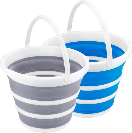 2 Pack Collapsible Buckets 10L 2.6 Gallon Cleaning Bucket Mop Bucket Folding Foldable Portable Small Plastic Water Supplies for Outdoor Garden Camping Fishing Car Wash Space Saving Grey and Blue