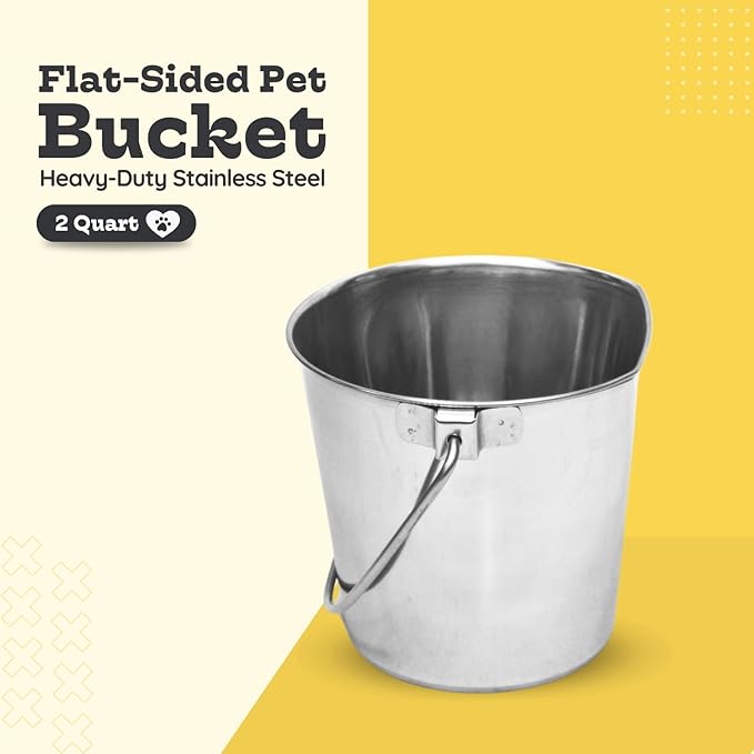2 Quart Stainless Steel Flat Side Bucket | Durable Heavy Duty Food & Water Feeding Pails for Small Pet Birds Dog Cat | Fits kennels Cages Critter Crates Hanging Pail | Multipurpose Bucket