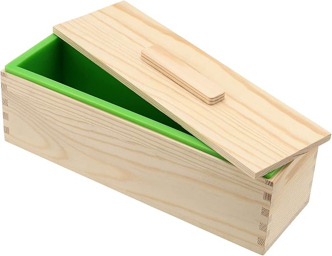 ZOENHOU 4 PCS 42oz Green Soap Molds with 4 Wooden Lids, Flexible Rectangular Silicone Soap Making Molds Kit with Wood Box DIY Tool Set for Soap Making Supplies