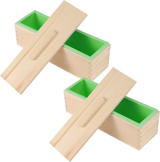 2 Pack 42oz Flexible Rectangular Silicone Soap Mold, Soap Loaf Mold with Wooden Box for Soap Making, Candle, Cake, Pudding, Chocolates, Green