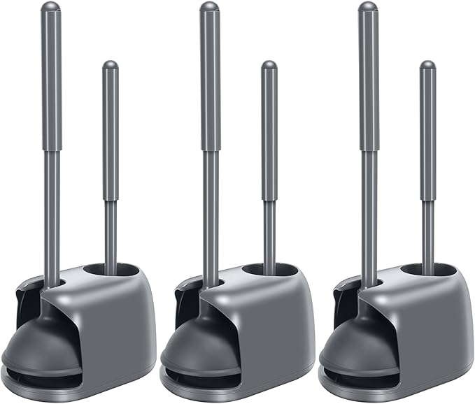 SetSail Toilet Brush and Plunger Set, 3 Pack Toilet Plungers for Bathroom with Holder Heavy Duty Toilet Bowl Brush and Holder Hidden for Deeply Cleaning - Gray