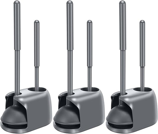SetSail Toilet Brush and Plunger Set, 3 Pack Toilet Plungers for Bathroom with Holder Heavy Duty Toilet Bowl Brush and Holder Hidden for Deeply Cleaning - Gray
