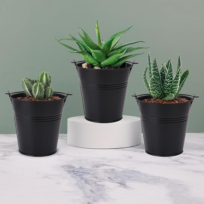 20 Pack Black Mini Metal Buckets, 4 Inch Round, Black Galvanized Buckets with Metal Handles, Perfect for Party Favors, Crafts, Garden & Beach