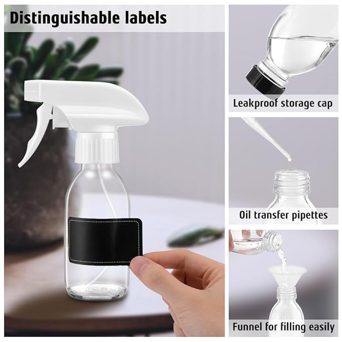 Tecohouse Glass Spray Bottles 4 OZ, Empty Small Spray Bottles 2 Pack for Essential Oils, Cleaning Solutions, Plants, Hair Mister, withDurable Nozzle, Labels, Funnel, Pipettes Clear