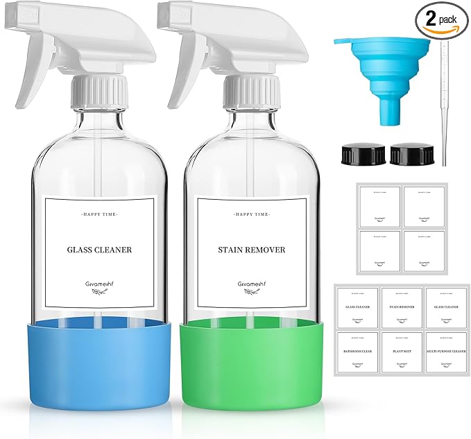 2 Pack Glass Spray Bottles with Silicone Sleeve,16oz Clear Glass Spray Bottles Refillable Empty Bottle with Adjustable Nozzle,Spray Bottle for Essential Oils,Cleaning Solutions,Pets,Hair