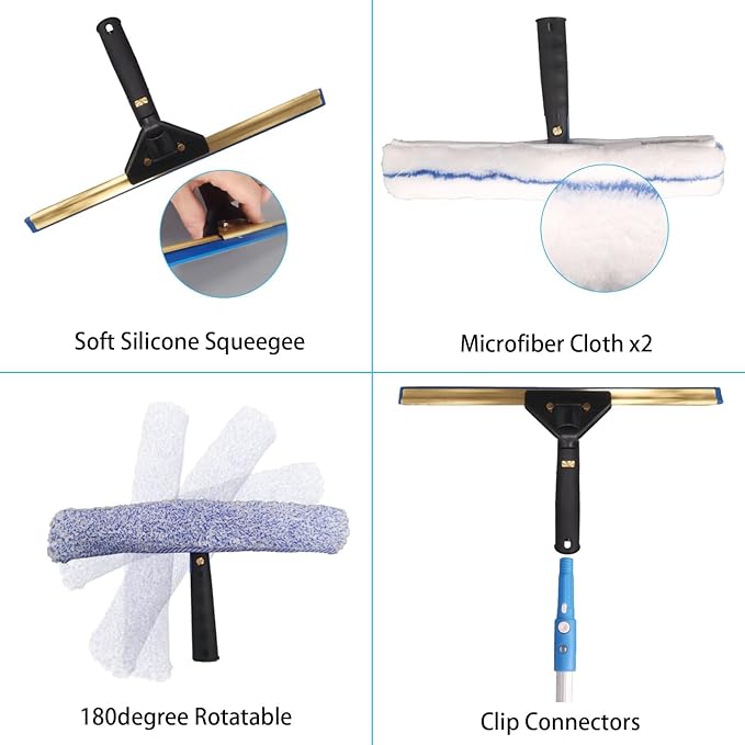 Pro Window Cleaning Kit with Storage Bucket, with 4 13 inch Extension Rods, Scrubber, Spray Bottle, Rag and Scraper with Rotating Head - Car/Home Glass Cleaning System