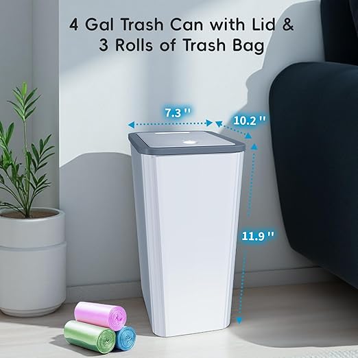 Small Trash Can, 3 Pack 4 Gallons Bathroom Garbage Can with Lid Press-Top, Small Waste Basket with Trash Bags, Slim Plastic Garbage Bin for Dorm, Office, Bedroom, Kitchen, Living Room (Multi)