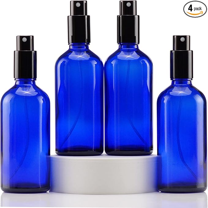 YIZHAO Blue Glass Spray Bottles 4oz, with Small Fine Mist Spray, Metal Cap, Refillable for Essential Oil,Travel,Cleaning,Perfume,Aromatherapy,Makeup – 4 Pcs