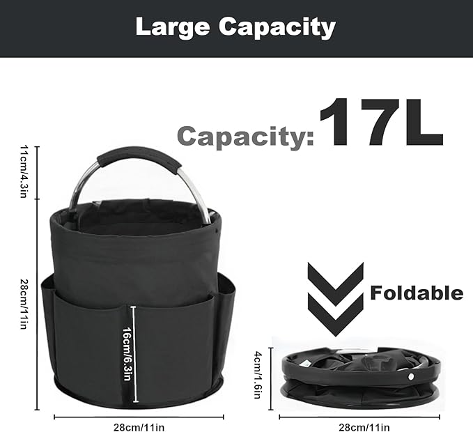 Cleaning Caddy with Handle, Cleaning Products Organiser, 17L Foldable Storage Basket, Cleaning Caddy Organiser, Portable Multi Cleaning Bucket Bag for Home, Garden (Black)