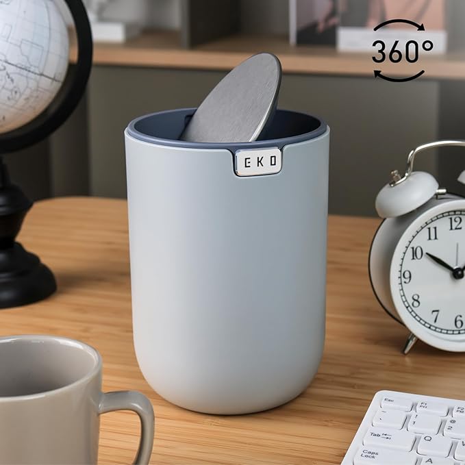 EKO Mini Desk Trash Can with Swing-Top Lid 0.4 Gallon Small Table Round Wastebasket for Office, Home, Car (Grey)