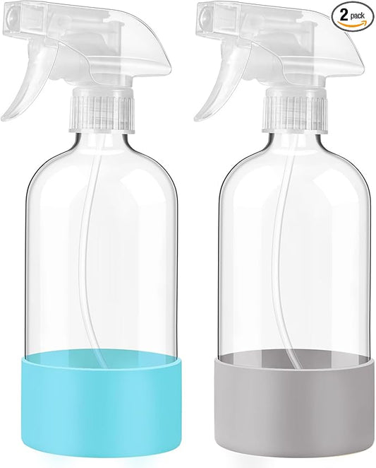 JohnBee Glass Spray Bottles with Silicone Sleeve, 2 Pack16 oz Empty Refillable Containers with Adjustable Spray Nozzles, Spray Bottles for Hair, Cleaning Solutions and Plants Blue&Grey