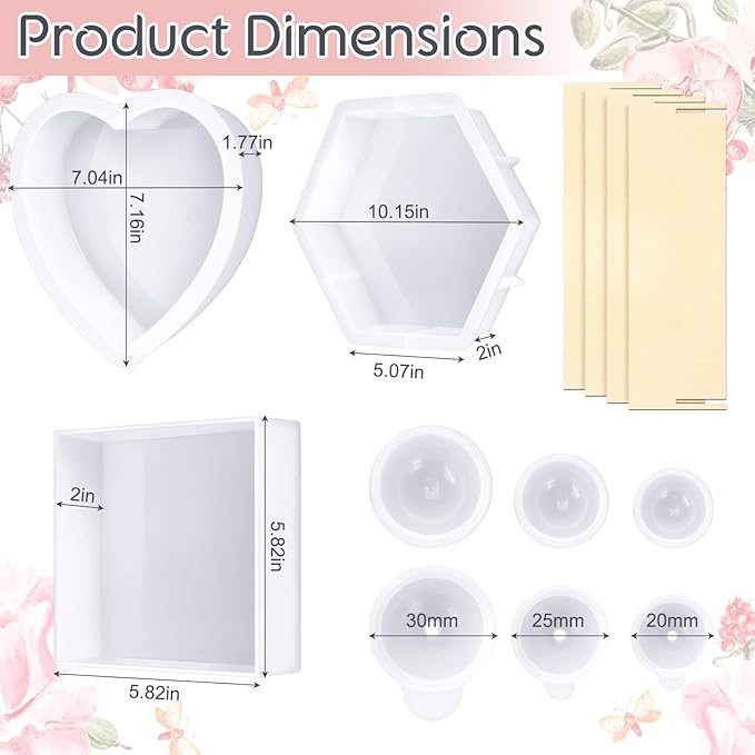 3 Pcs Large Silicone Molds for Resin - Glossy Deep Square, Hexagon, Heart Bookends & Round Molds for Flowers Preservation & DIY Art Making