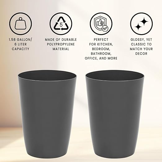 Mini Waste Basket - Pack of 2 Durable Small Plastic Garbage Trash Can Bin - Lidless Open-Top Rectangular Slim Profile for Compact Spaces - Suitable for Home, Bathroom, Office, Bedroom & More, Grey