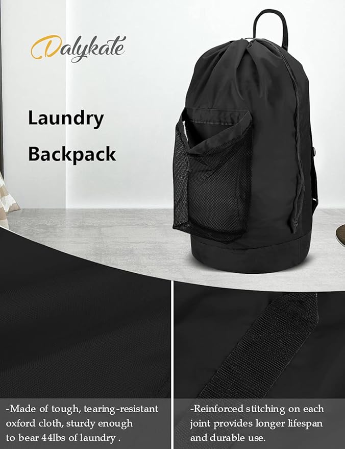 Dalykate Backpack Laundry Bag, Laundry Backpack with Shoulder Straps and Mesh Pocket Durable Nylon Clothes Hamper Bag with Drawstring Closure for College, Travel, Laundromat, Apartment