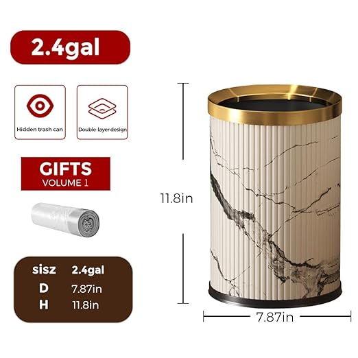 Small Fancy Bathroom Trash Can, Metal Trash Can Covered with Leather, Open Top, Hide The Garbage Bag，for Bathroom, Living Room, Bedroom, Office, Bank, Hotel (9L-Ink Painting)
